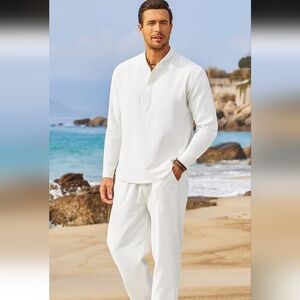 White Linen 2PIECE Outfit NWT Sz. 5X Henly style top w/buttons, Drawstring Pant